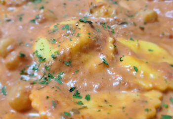 Lobster ravioli with shrimp in vodka sauce