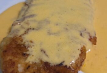 Pretzel Chicken with mustard cheddar sauce